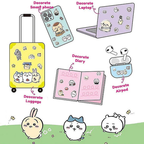 A vertical sheet of officially licensed Chiikawa stickers featuring the character Hachiware in various poses and sizes. The sheet is light blue with a "5 Size Sticker" heart logo at the top left. The stickers show Hachiware playing a guitar, eating, wearing a tuxedo, and expressing different emotions.
