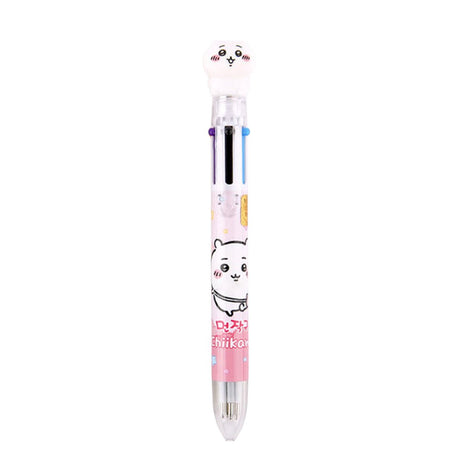 The officially licensed Chiikawa multi-color ballpoint pens in blue, pink, and yellow barrels. Each pen features a 3D character topper of Hachiware, Chiikawa, or Usagi and contains six different ink colors.