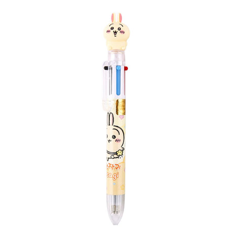 The officially licensed Chiikawa multi-color ballpoint pens in blue, pink, and yellow barrels. Each pen features a 3D character topper of Hachiware, Chiikawa, or Usagi and contains six different ink colors.