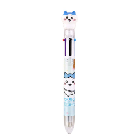 The officially licensed Chiikawa multi-color ballpoint pens in blue, pink, and yellow barrels. Each pen features a 3D character topper of Hachiware, Chiikawa, or Usagi and contains six different ink colors.