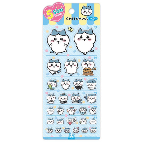 A vertical sheet of officially licensed Chiikawa stickers featuring the character Hachiware in various poses and sizes. The sheet is light blue with a "5 Size Sticker" heart logo at the top left. The stickers show Hachiware playing a guitar, eating, wearing a tuxedo, and expressing different emotions.