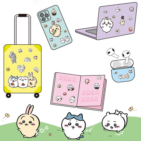 A vertical sheet of officially licensed Chiikawa stickers featuring the character Hachiware in various poses and sizes. The sheet is light blue with a "5 Size Sticker" heart logo at the top left. The stickers show Hachiware playing a guitar, eating, wearing a tuxedo, and expressing different emotions.