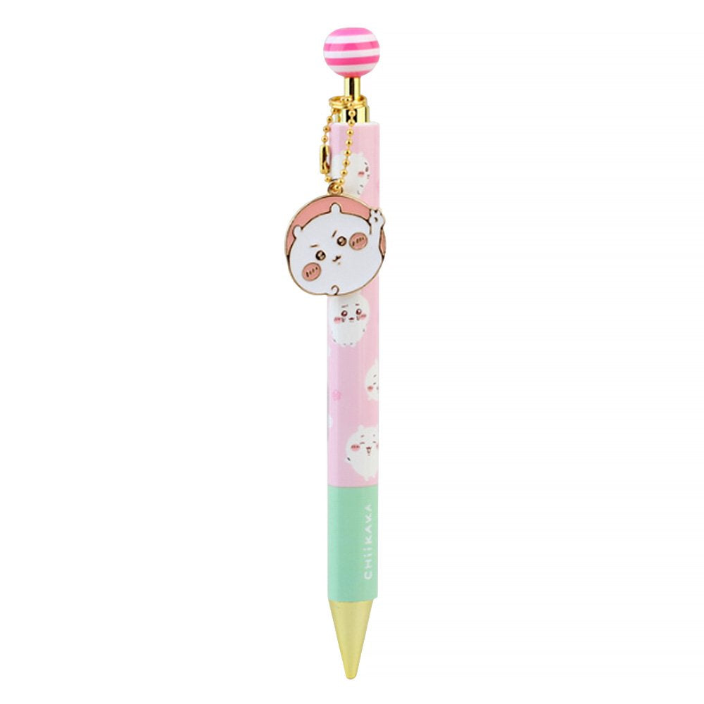 An official licensed collection of Chiikawa mechanical pencils in pink, blue, and yellow. Each pencil features a matching striped ball topper and a dangling enamel character charm of Chiikawa, Hachiware, or Usagi.