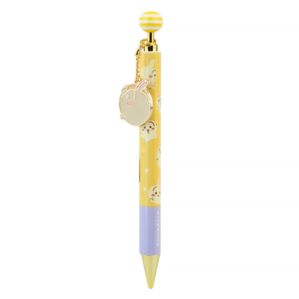An official licensed collection of Chiikawa mechanical pencils in pink, blue, and yellow. Each pencil features a matching striped ball topper and a dangling enamel character charm of Chiikawa, Hachiware, or Usagi.