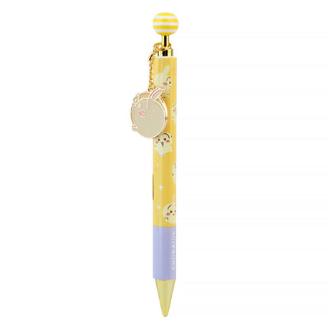 An official licensed collection of Chiikawa mechanical pencils in pink, blue, and yellow. Each pencil features a matching striped ball topper and a dangling enamel character charm of Chiikawa, Hachiware, or Usagi.