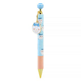 An official licensed collection of Chiikawa mechanical pencils in pink, blue, and yellow. Each pencil features a matching striped ball topper and a dangling enamel character charm of Chiikawa, Hachiware, or Usagi.
