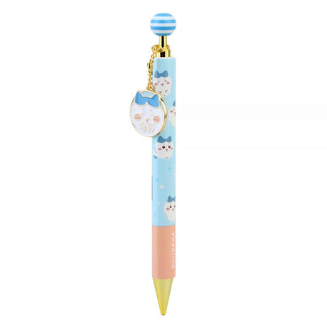 An official licensed collection of Chiikawa mechanical pencils in pink, blue, and yellow. Each pencil features a matching striped ball topper and a dangling enamel character charm of Chiikawa, Hachiware, or Usagi.