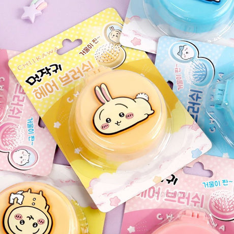 An officially licensed collection of colorful Chiikawa 2-in-1 character mirror & hair brush sets in pink, blue, and yellow.
