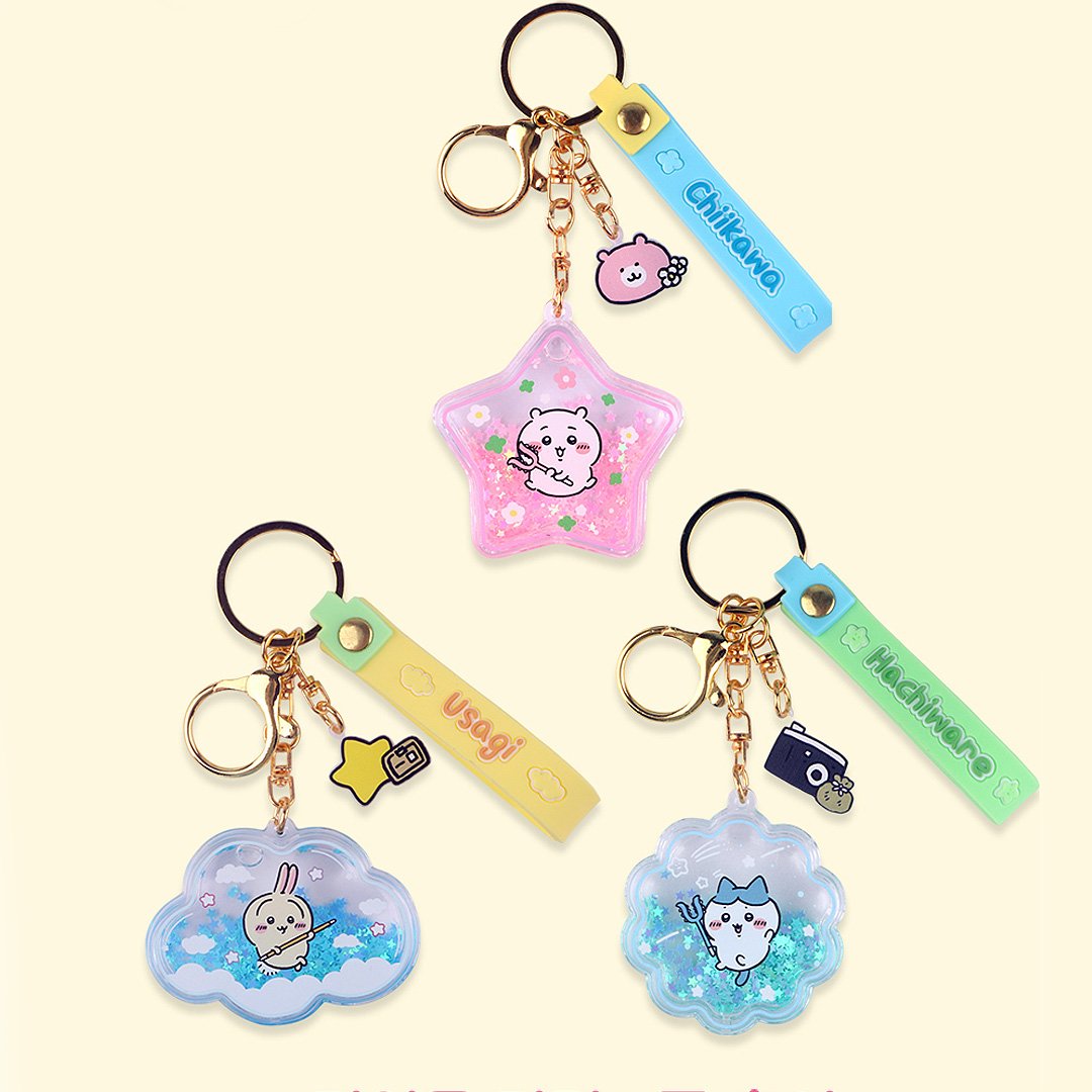 Official Chiikawa Crystal Shaker Keychains set of 3 featuring Chiikawa, Hachiware, and Usagi with colorful glitter and matching straps.