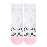 Featuring the pairs of officially licensed Chiikawa white crew-length socks, pink one surrounded by small pink-and-white flowers and blue one surrounded by blue-and-yellow flowers.
