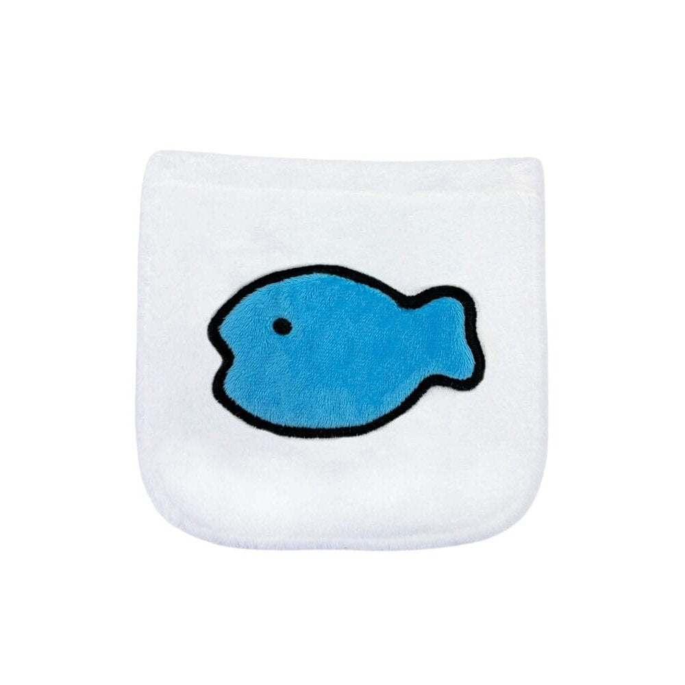 Close-up of the upgraded blue fish  pochette embroidery on the pocket of the SAZAC Hachiware_Kigurumi Vol. 2 Onesie Costume. Shows the high-quality stitched detail of Chiikawa's signature bear bag accessory on white fleece fabric.