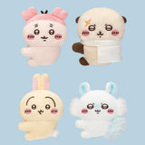 Officially licensed Chiikawa plush clip character assortment featuring Usagi, Momonga, Kani, and Rakko
