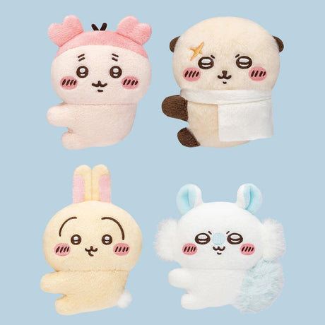 Officially licensed Chiikawa plush clip character assortment featuring Usagi, Momonga, Kani, and Rakko
