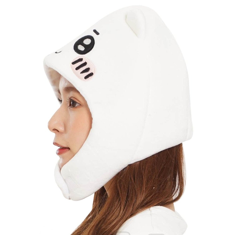 An officially licensed white Chiikawa plush character hat with embroidered eyes, blushing cheeks, and long ear flaps.
