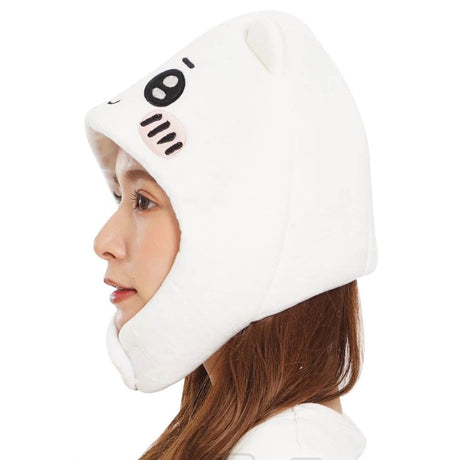 An officially licensed white Chiikawa plush character hat with embroidered eyes, blushing cheeks, and long ear flaps.