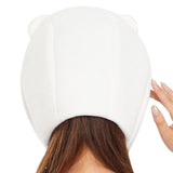 An officially licensed white Chiikawa plush character hat with embroidered eyes, blushing cheeks, and long ear flaps.