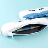 Three officially licensed plush Chiikawa character pencil cases featuring: the yellow-colored with Usagi's face and long ears; the white with Chiikawa's face; the white and blue with Hachiware's face and blue ears. Each pouch features embroidered eyes, pink cheeks, and a top zipper.