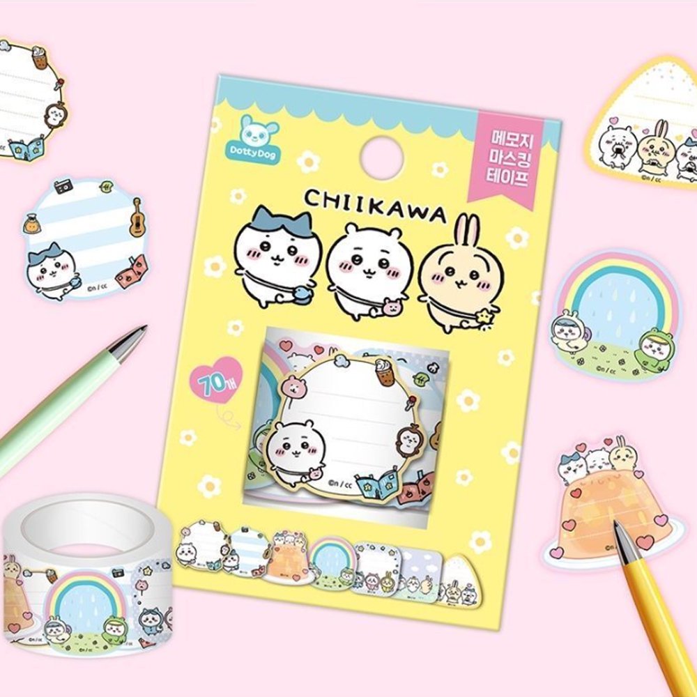 Officially licensed Chiikawa masking tape memo sticker roll in yellow packaging surrounded by peel-off die-cut memo stickers featuring Chiikawa, Hachiware, and Usagi
