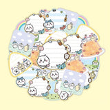 Officially licensed Chiikawa masking tape memo sticker roll in yellow packaging surrounded by peel-off die-cut memo stickers featuring Chiikawa, Hachiware, and Usagi
