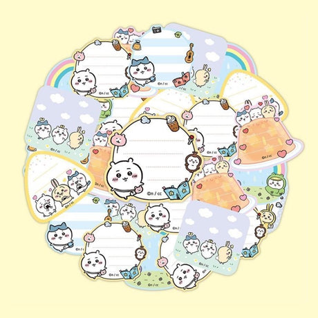 Officially licensed Chiikawa masking tape memo sticker roll in yellow packaging surrounded by peel-off die-cut memo stickers featuring Chiikawa, Hachiware, and Usagi
