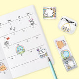 Officially licensed Chiikawa masking tape memo sticker roll in yellow packaging surrounded by peel-off die-cut memo stickers featuring Chiikawa, Hachiware, and Usagi
