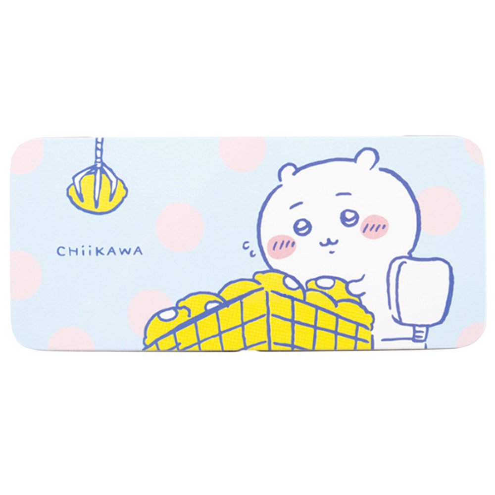 Two rectangular tin pencil cases featuring officially licensed Chiikawa artwork. One is light blue with white polka dots showing Chiikawa and a yellow claw machine hand. The other one has a pink-to-purple sunset gradient showing Chiikawa and Hachiware sitting on stumps and drinking.