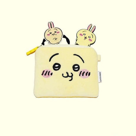 Official Chiikawa Mini Pouch and Coin Purse featuring Usagi cute Face Embroidery in yellow vanilla color pouch ; an Emotional Support Kawaii Small Bag for Adult Mental Wellness, Workplace Healing, and Desk Organization.