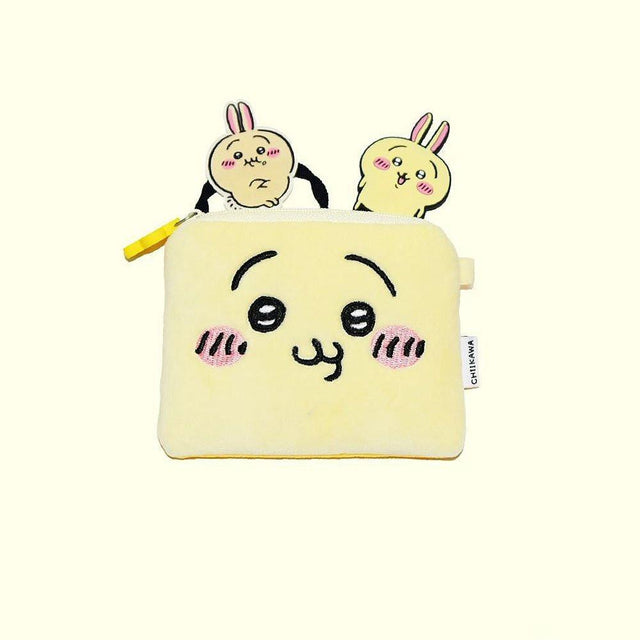 Official Chiikawa Mini Pouch and Coin Purse featuring Usagi cute Face Embroidery in yellow vanilla color pouch ; an Emotional Support Kawaii Small Bag for Adult Mental Wellness, Workplace Healing, and Desk Organization.