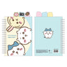Officially licensed Chiikawa spiral notebooks with index tabs, featuring Chiikawa studying on a pink cover, while the other shows the trio on a yellow and blue background; both include built-in tabs shaped like a bear, a camera, and an acorn.