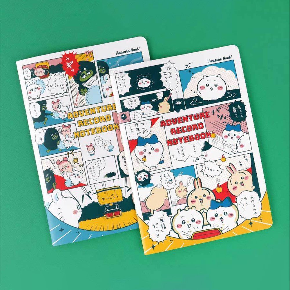 Officially licensed Chiikawa "Adventure Record Notebooks" featuring colorful comic book panel covers. The open notebook reveals interior pages with structured writing boxes decorated with teal character illustrations and header icons.