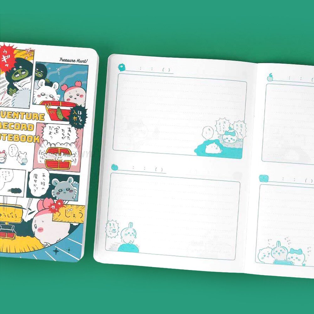 Officially licensed Chiikawa "Adventure Record Notebooks" featuring colorful comic book panel covers. The open notebook reveals interior pages with structured writing boxes decorated with teal character illustrations and header icons.