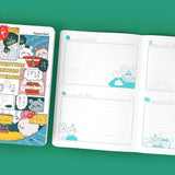 Officially licensed Chiikawa "Adventure Record Notebooks" featuring colorful comic book panel covers. The open notebook reveals interior pages with structured writing boxes decorated with teal character illustrations and header icons.