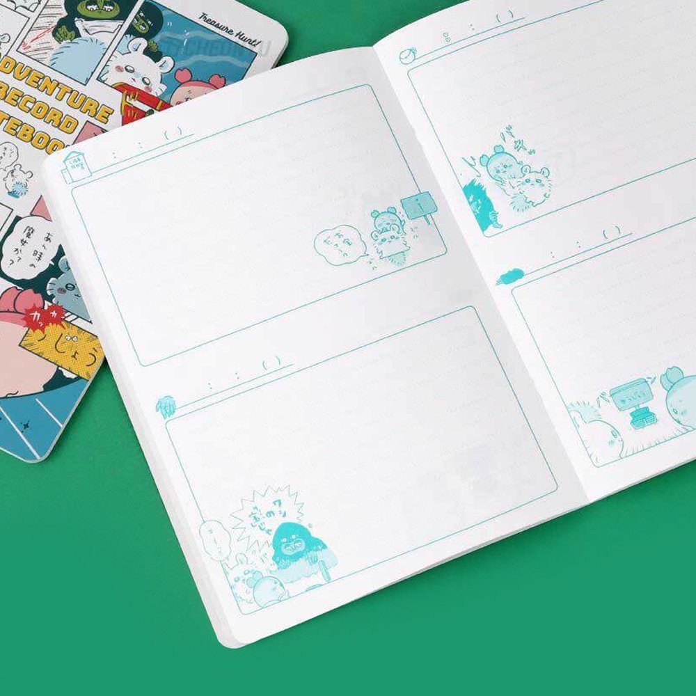 Officially licensed Chiikawa "Adventure Record Notebooks" featuring colorful comic book panel covers. The open notebook reveals interior pages with structured writing boxes decorated with teal character illustrations and header icons.