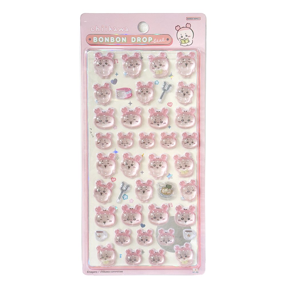 Four colorful officially licensed Chiikawa and Friends Bonbon Drop 3D resin sticker sheets, featuring Chiikawa, Hachiware, Usagi, and other fan-favorite friends in cute poses