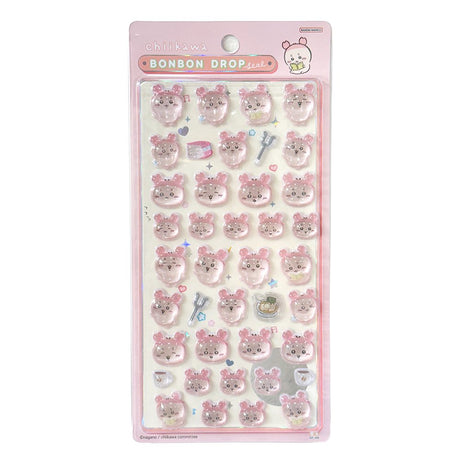 Four colorful officially licensed Chiikawa and Friends Bonbon Drop 3D resin sticker sheets, featuring Chiikawa, Hachiware, Usagi, and other fan-favorite friends in cute poses