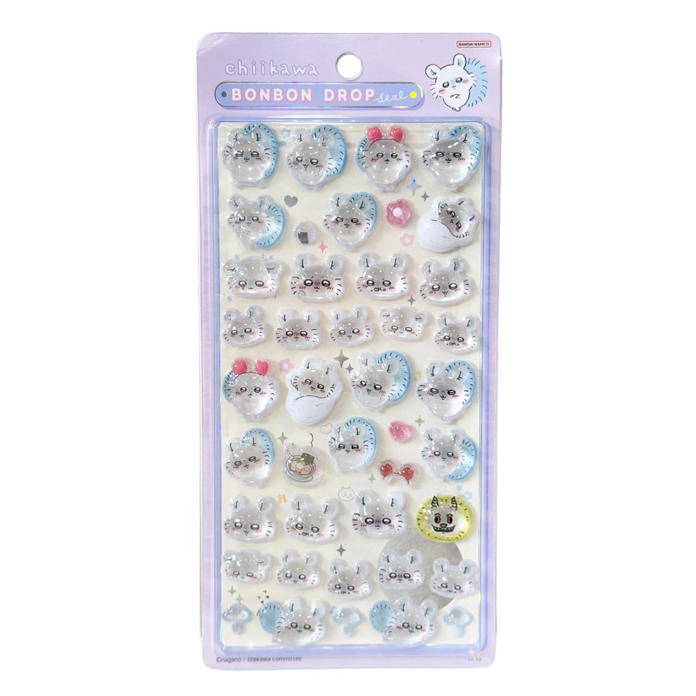 Four colorful officially licensed Chiikawa and Friends Bonbon Drop 3D resin sticker sheets, featuring Chiikawa, Hachiware, Usagi, and other fan-favorite friends in cute poses