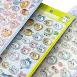 Four colorful officially licensed Chiikawa and Friends Bonbon Drop 3D resin sticker sheets, featuring Chiikawa, Hachiware, Usagi, and other fan-favorite friends in cute poses