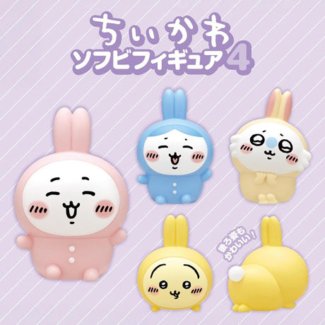Officially licensed Chiikawa soft vinyl figures featuring Chiikawa, Hachiware, Momonga, and Usagi wearing colorful bunny-ear outfits