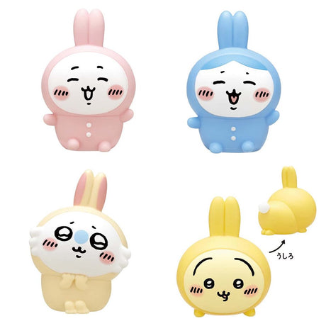 Officially licensed Chiikawa soft vinyl figures featuring Chiikawa, Hachiware, Momonga, and Usagi wearing colorful bunny-ear outfits