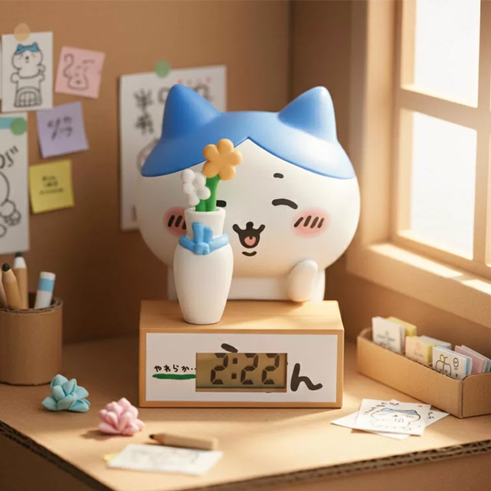 A collection of officially licensed Chiikawa digital watches featuring characters like Chiikawa, Hachiware, and Usagi sitting behind miniature cardboard box bases. Each base includes a small digital clock screen, and the set includes five visible designs.