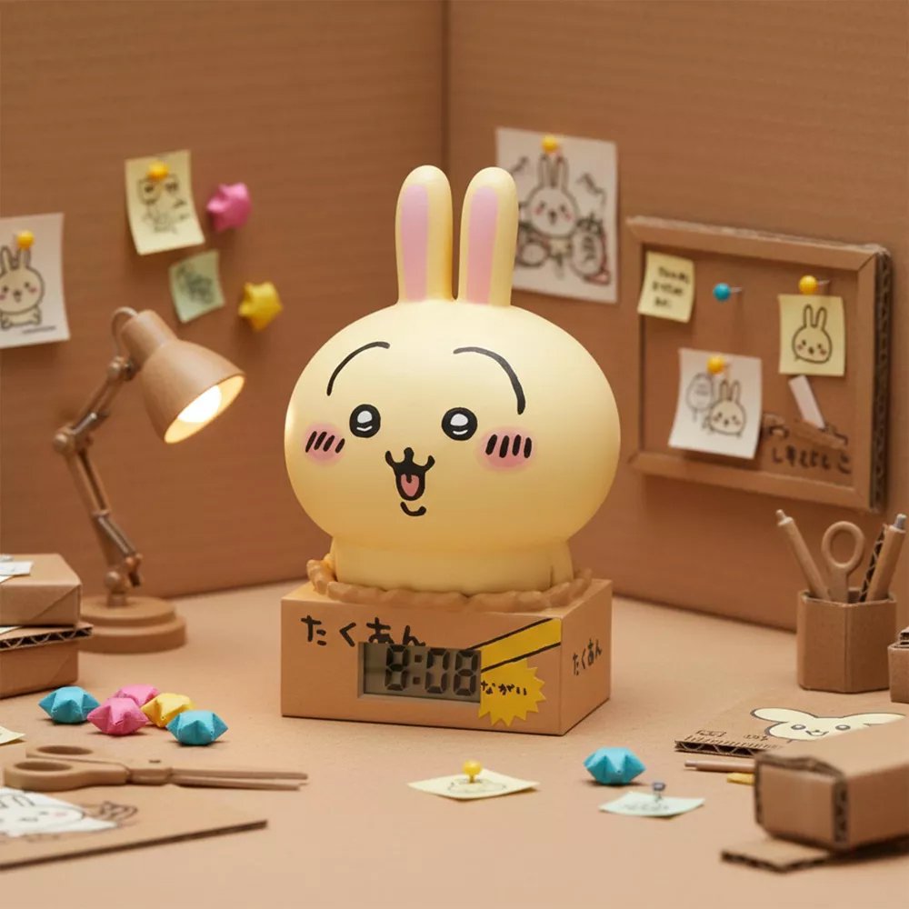 A collection of officially licensed Chiikawa digital watches featuring characters like Chiikawa, Hachiware, and Usagi sitting behind miniature cardboard box bases. Each base includes a small digital clock screen, and the set includes five visible designs.