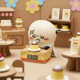 A collection of officially licensed Chiikawa digital watches featuring characters like Chiikawa, Hachiware, and Usagi sitting behind miniature cardboard box bases. Each base includes a small digital clock screen, and the set includes five visible designs.