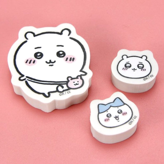 Officially licensed Chiikawa set of three character mini die-cut erasers featuring Chiikawa and Hachiware
