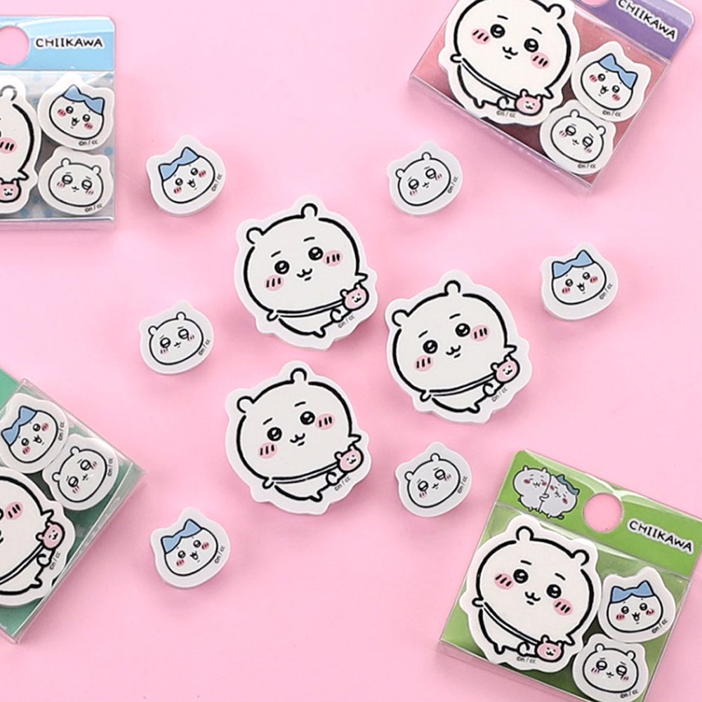 Officially licensed Chiikawa set of three character mini die-cut erasers featuring Chiikawa and Hachiware arranged next to their colorful blister packaging
