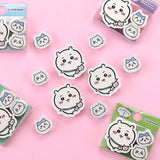 Officially licensed Chiikawa set of three character mini die-cut erasers featuring Chiikawa and Hachiware arranged next to their colorful blister packaging
