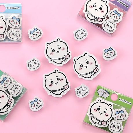 Officially licensed Chiikawa set of three character mini die-cut erasers featuring Chiikawa and Hachiware arranged next to their colorful blister packaging
