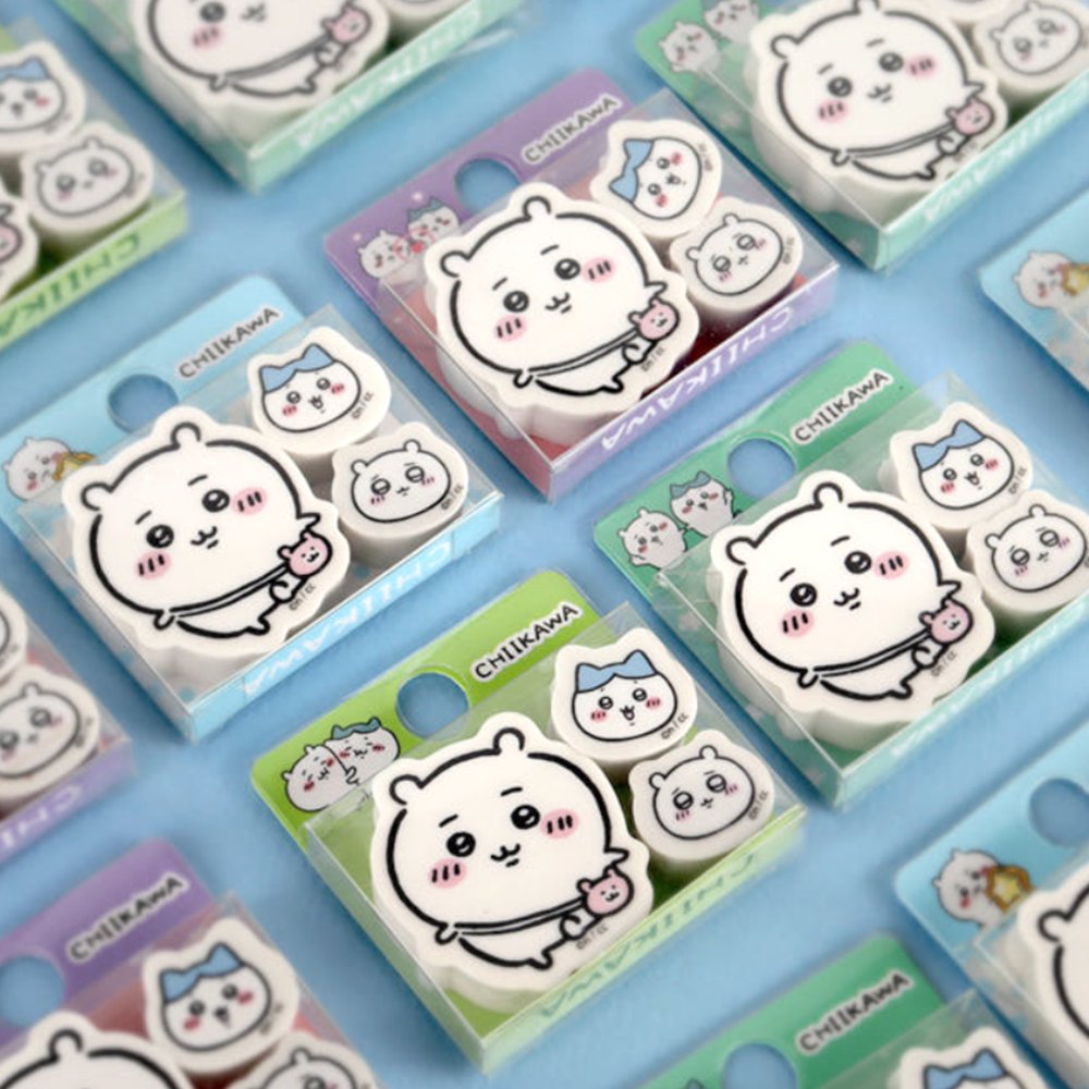 Officially licensed Chiikawa set of three character mini die-cut erasers featuring Chiikawa and Hachiware arranged next to their colorful blister packaging
