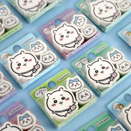 Officially licensed Chiikawa set of three character mini die-cut erasers featuring Chiikawa and Hachiware arranged next to their colorful blister packaging
