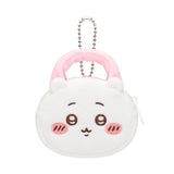 An officially licensed Chiikawa and Friends fluffy mini pouch keychain, featuring the white, round pouch features Chiikawa's face with embroidered details, plush ears, and a silver ball chain for hanging.