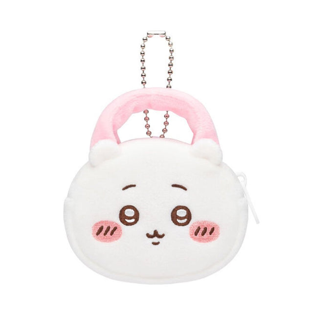 An officially licensed Chiikawa and Friends fluffy mini pouch keychain, featuring the white, round pouch features Chiikawa's face with embroidered details, plush ears, and a silver ball chain for hanging.